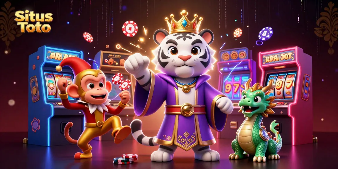 Experience the thrill of Situs Toto with a vibrant casino scene featuring a crowned tiger, monkey juggling chips, and gaming elements.