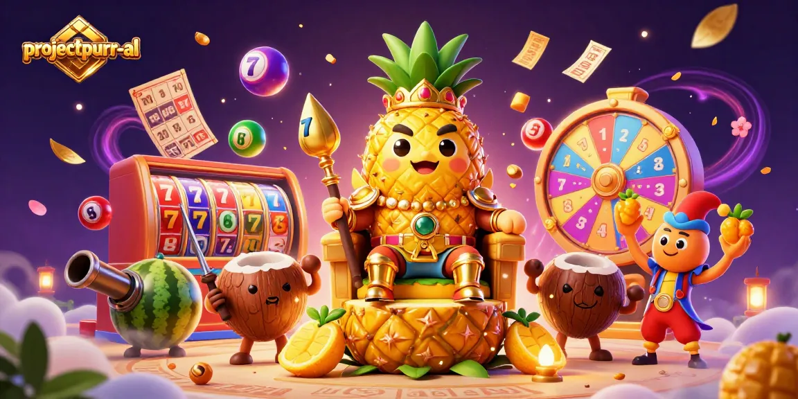 Join the excitement at projectpurr-al as the golden pineapple king presides over a vibrant casino scene filled with slots and games.