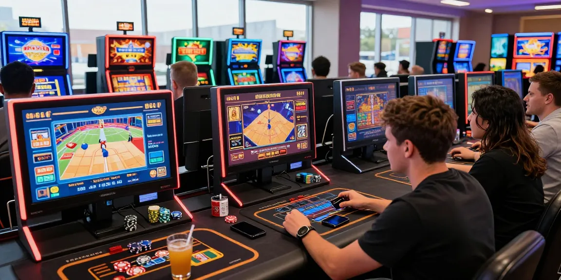 Exciting credit card casinos scene with players making deposits at vibrant gaming terminals, celebrating wins