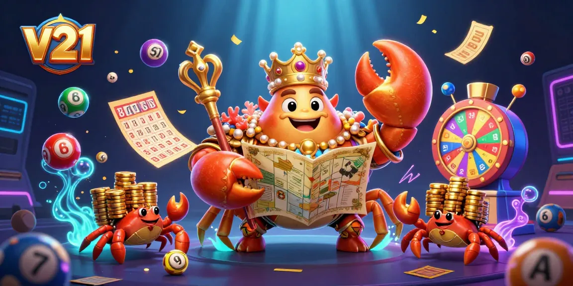 Menangkan hadiah di v21 dengan ilustrasi mengagumkan dari karakter kepiting emas yang memegang peta harta dan chip emas.