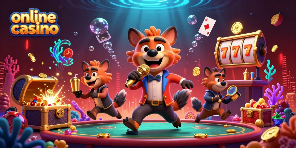 Engaging 3D illustration showcasing an online casino scene with hyenas as bartenders, bouncers, and comedians surrounded by casino elements.
