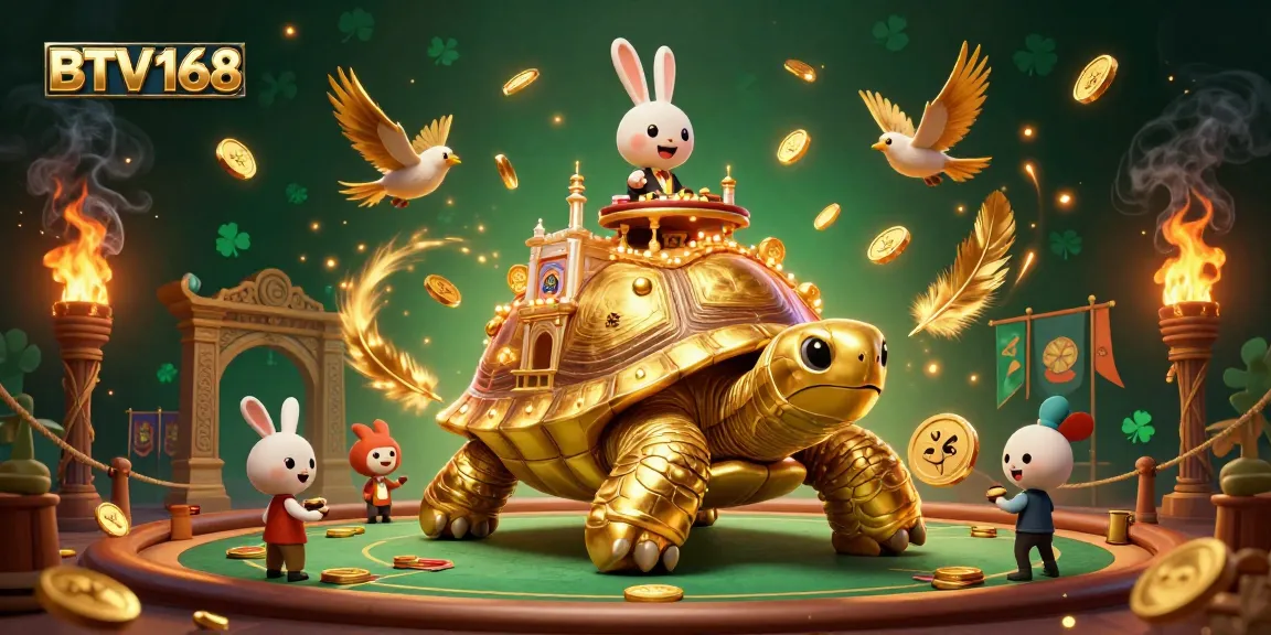 Win big with BTV168 in this vibrant casino scene featuring a golden tortoise and poker action.