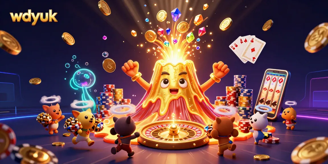 Experience the excitement of wdyuk with a golden volcano erupting gems and coins in a vibrant casino scene.