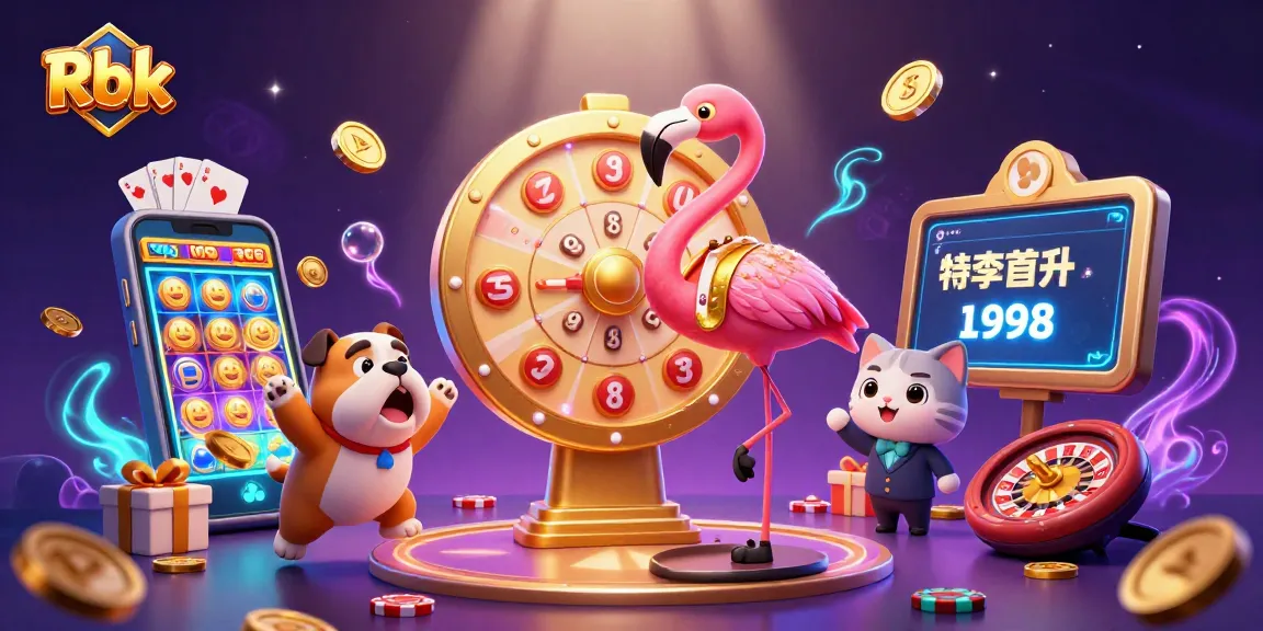 Rbk exciting game show scene with animated flamingo, bulldog contestant, and prizes galore!