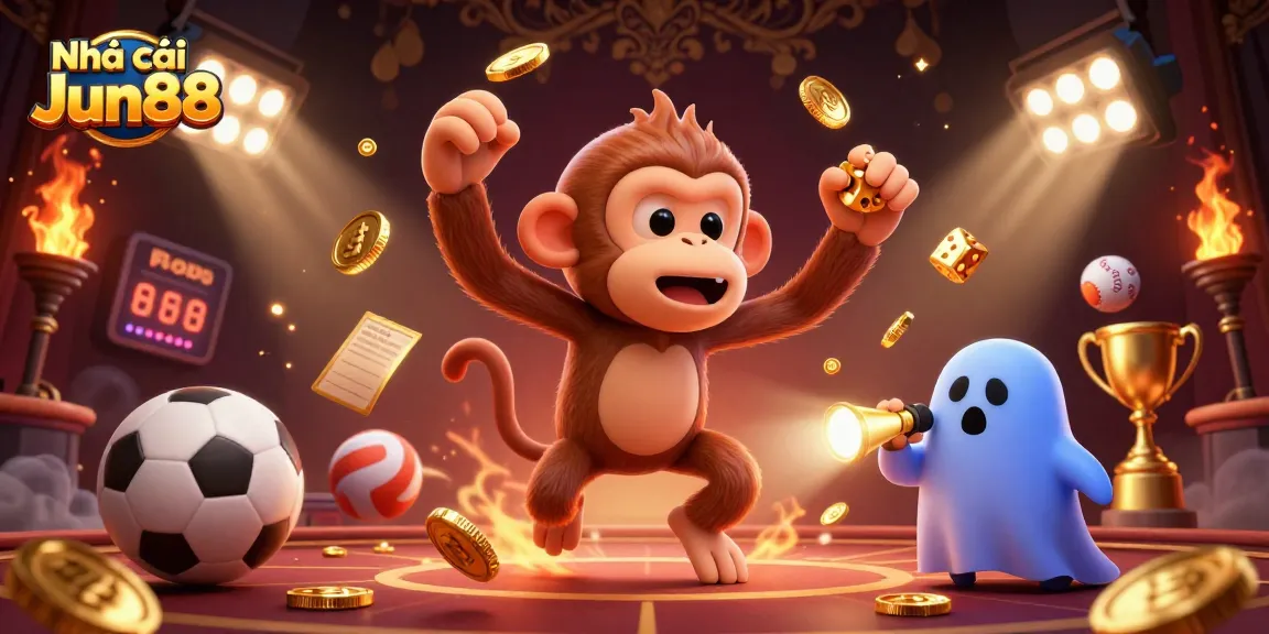 Join the adventure with Nhà cái Jun88 as a monkey juggles winning casino treasures in a haunted setting.