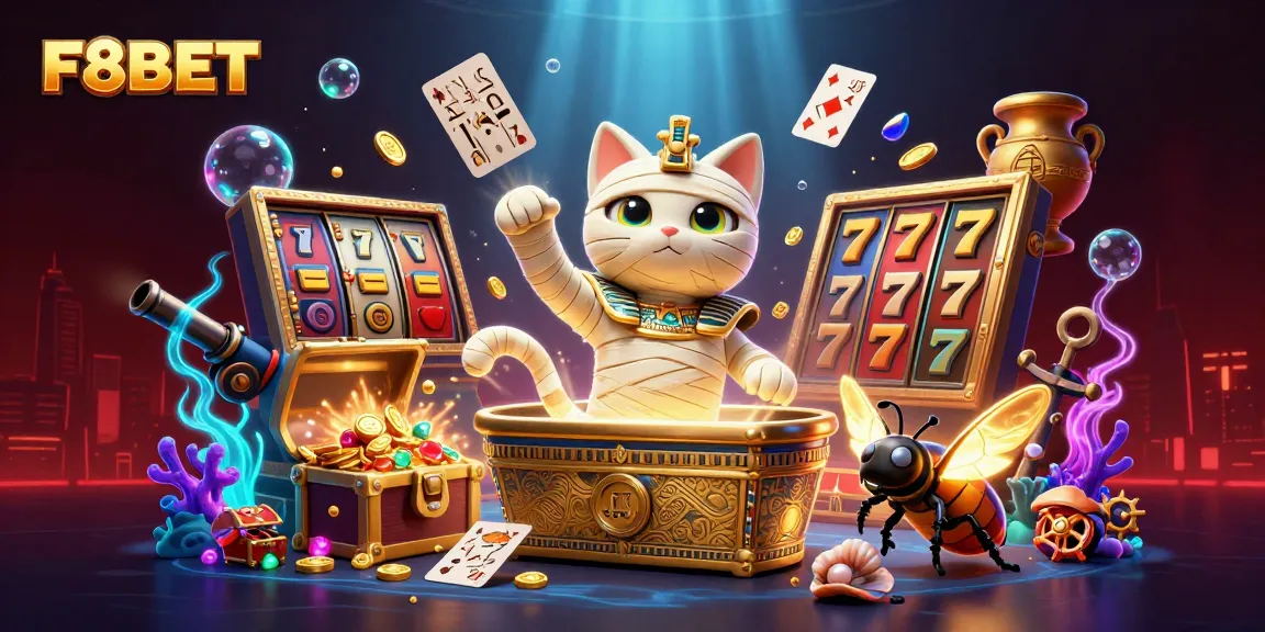 Experience thrilling gameplay at F8BET with Egyptian mummy cat and scarab beetle in a vibrant casino