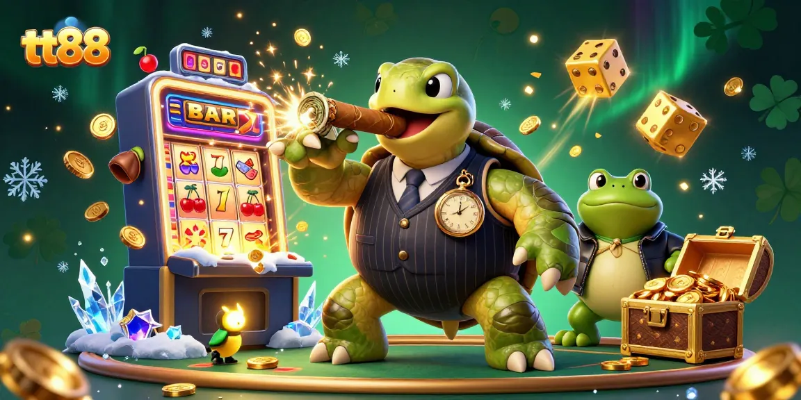 Experience thrilling gaming action at tt88 with a vibrant 3D turtle casino scene.