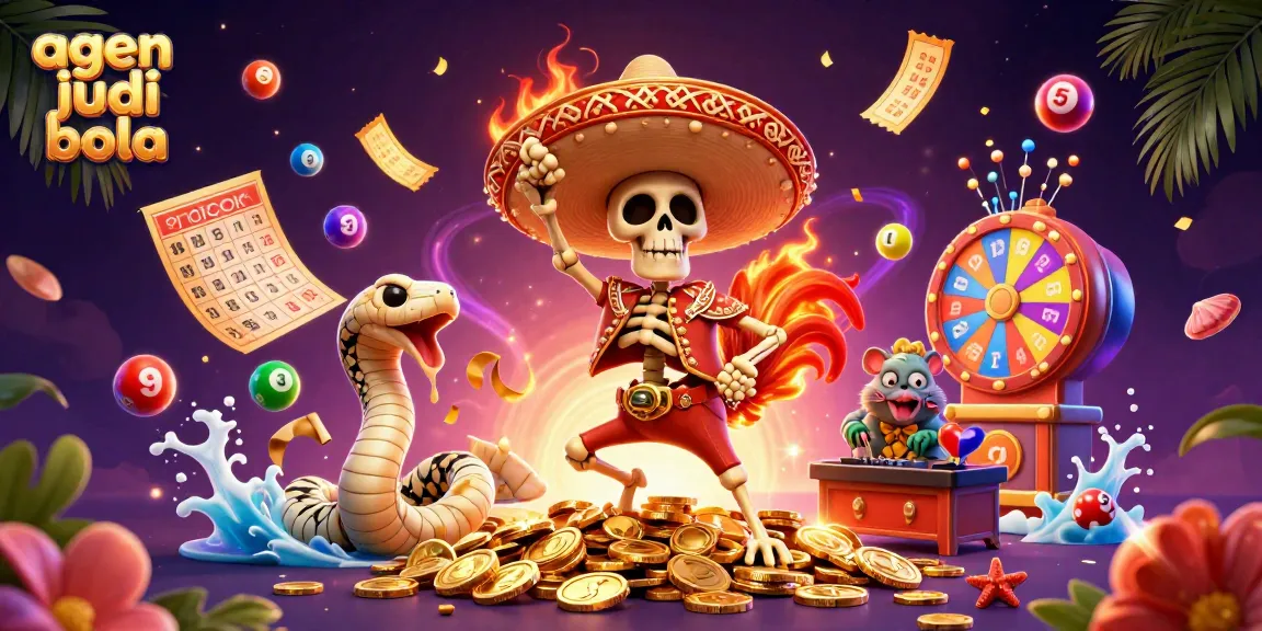 Win big with agen judi bola featuring vibrant, dynamic characters celebrating with lottery elements.