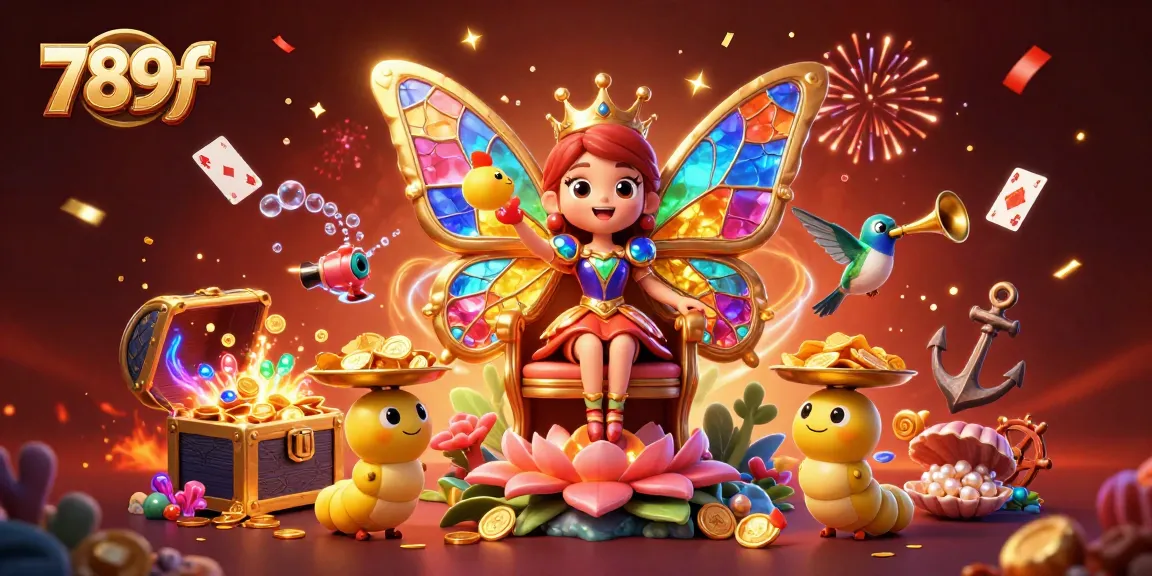 Experience the vibrant world of 789f with a colorful casino-themed 3D illustration showcasing a butterfly queen, treasure chest, and lively game elements.