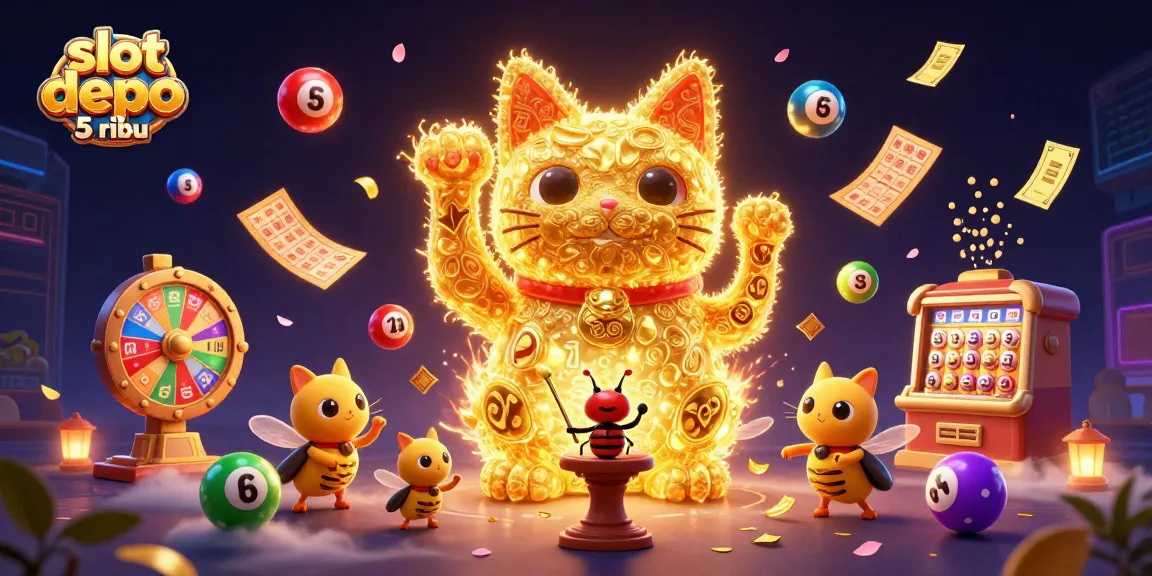 Experience excitement with slot depo 5 ribu in a vibrant 3D casino scene featuring a lucky cat.