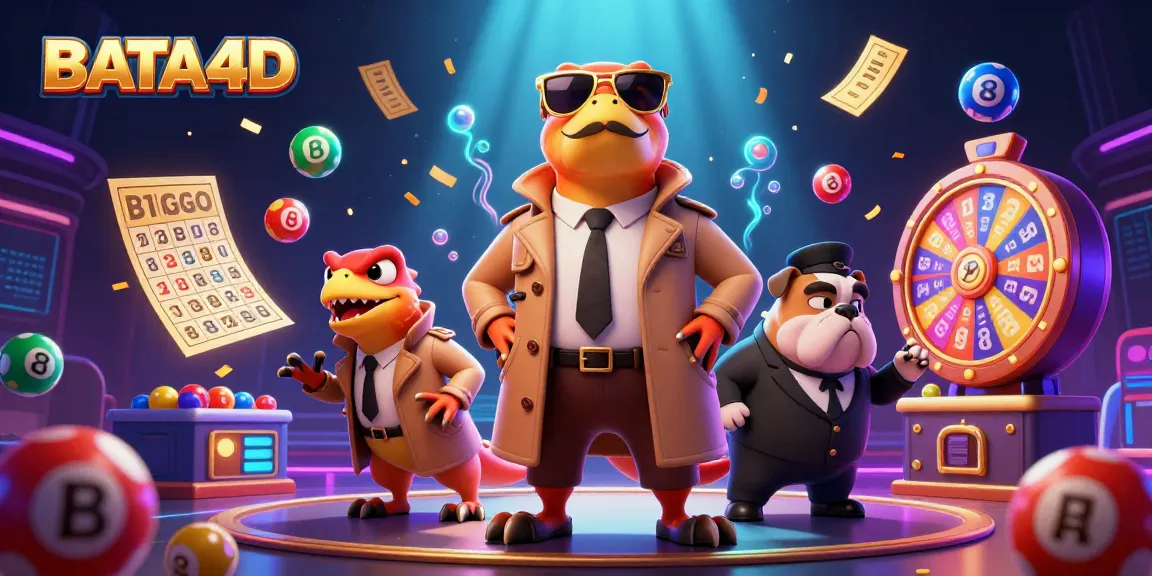 BATA4D menampilkan raptor 3D berpura-pura sebagai orang tinggi memasuki lounge VIP kasino, dikelilingi bola lotere berwarna-warni