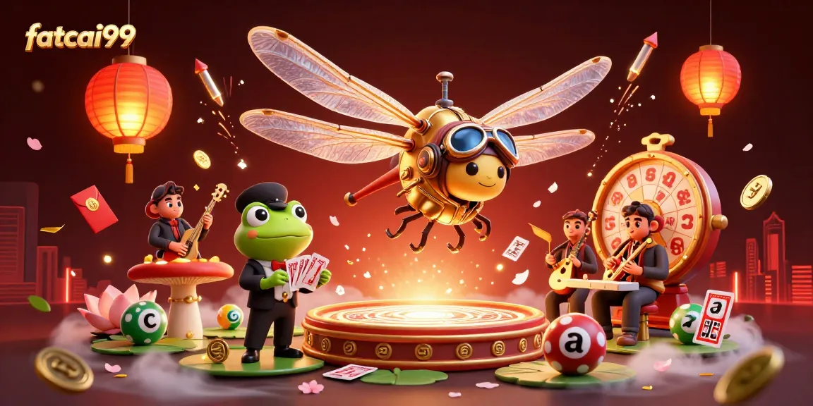 Join the fun at fatcai99 with lively croupiers and festive gaming elements in this vibrant illustration.