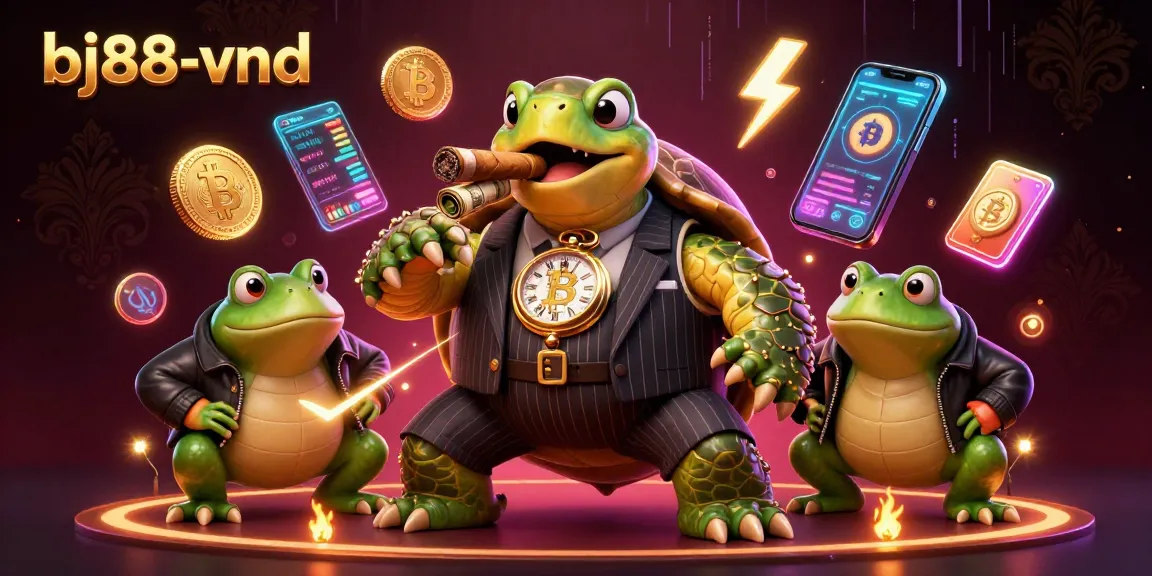 Engage thrilling games at bj88-vnd with a vibrant 3D casino illustration showcasing characters and crypto motifs.