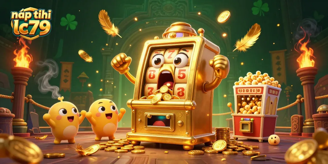 Nạp tiền lc79 dễ dàng với slot machine vàng đang ăn mừng jackpot, tạo không gian bất ngờ cho người chơi.