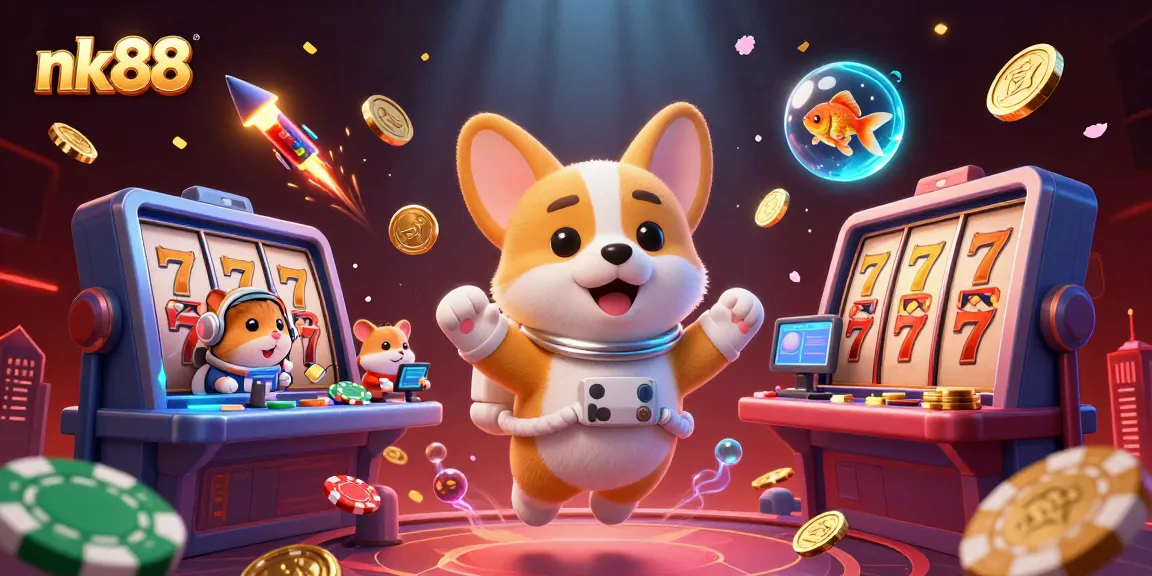 Experience high-energy gaming at nk88 with a 3D illustration of lively casino action.
