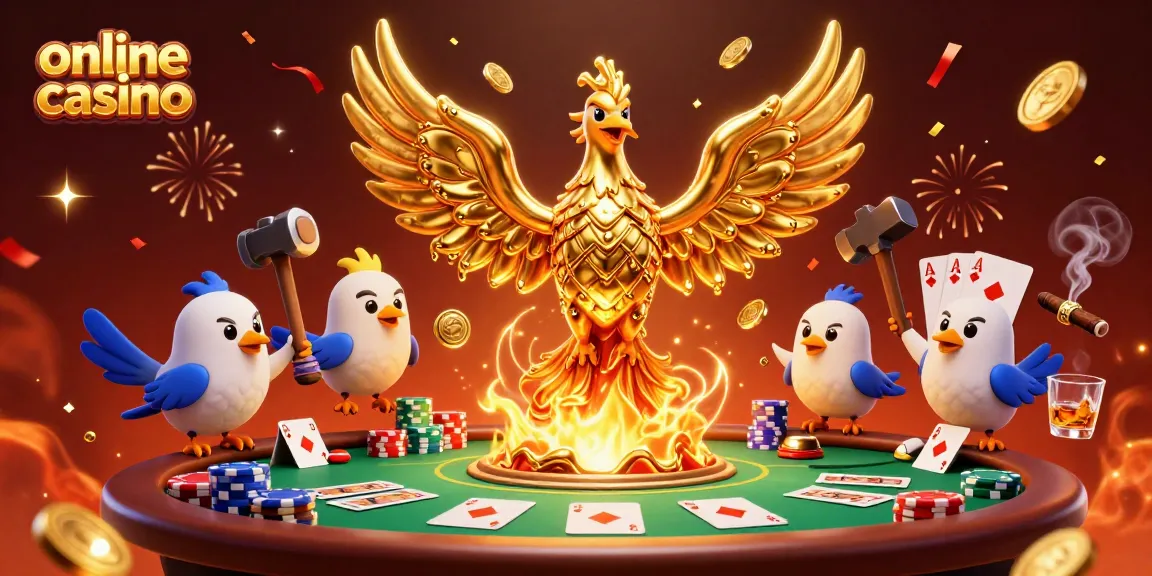 Engage with the vibrant realm of online casino gaming featuring a molten golden phoenix and poker elements.