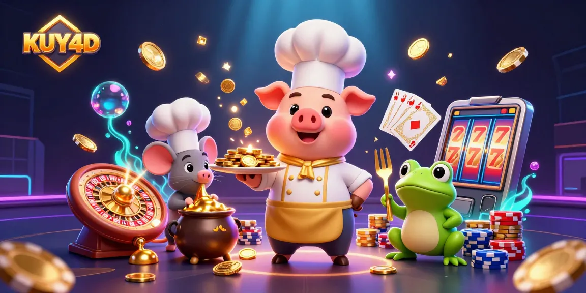 Gambarkan KUY4D dengan karakter koki babi dan koin emas di meja permainan kasino.